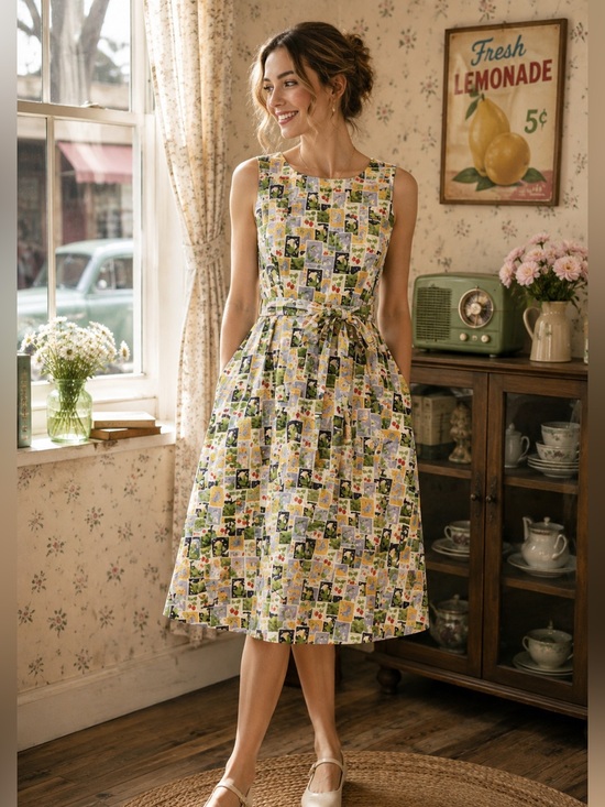 Tulip B Dresses & Skirts - TulipB NWT Stamp Print Cotton Fit & Flare Dress Belted Size L Retro